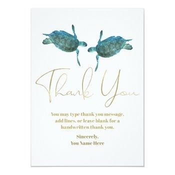 Teal Blue Sea Turtles Gold Beach Wedding Thank You Invitation Front View