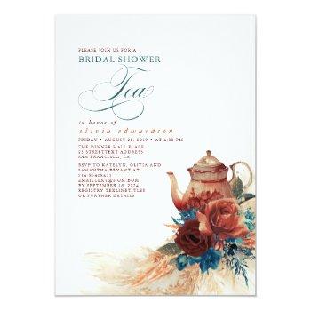 Teal Blue Terracotta Floral Bridal Shower Tea Invitation Front View