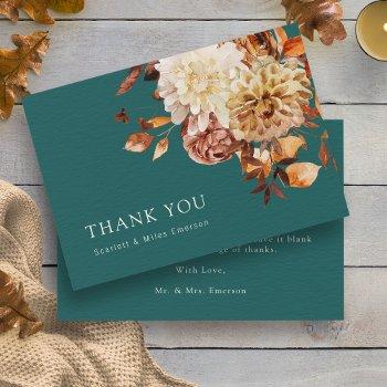 teal fall leaves thank you card