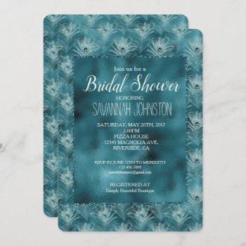 teal glitzy glam peacock feathers bridal shower invitation