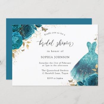 teal & gold sparkle dress rose bridal shower invitation