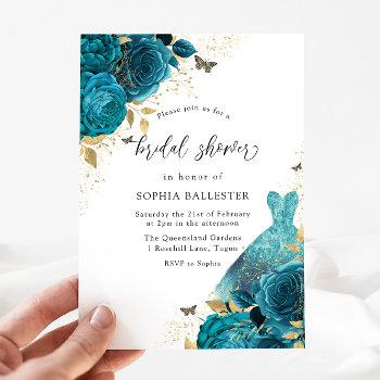 teal & gold sparkle dress roses bridal shower invitation