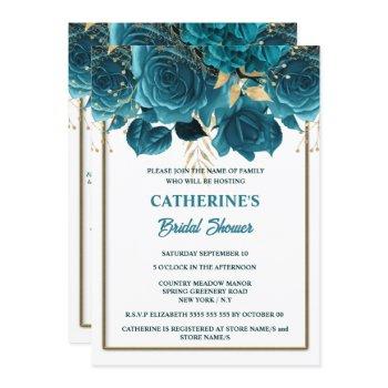 teal gold white rose watercolor bridal shower  invitation