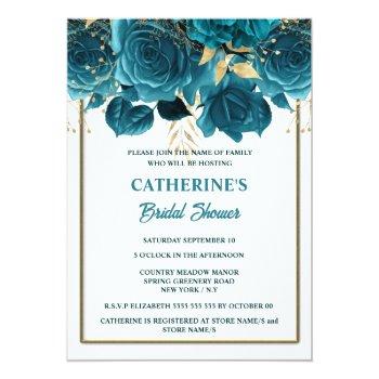 Teal Gold White Rose Watercolor Bridal Shower  Invitation Front View