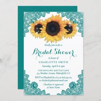 teal rustic chic lace sunflower bridal shower invitation