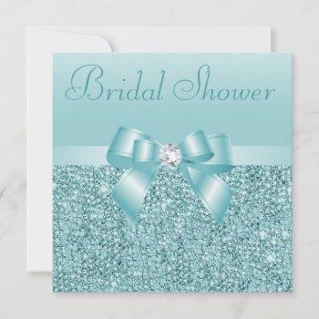 teal sequins, bow & diamond bridal shower invitation