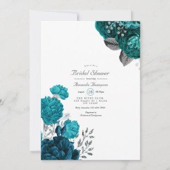 teal - turquoise and silver floral bridal shower invitation