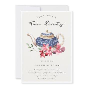 teapot red floral bridal shower tea party invite