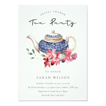 Teapot Red Floral Bridal Shower Tea Party Invite Front View