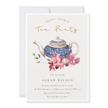teapot red floral bridal shower tea party invite
