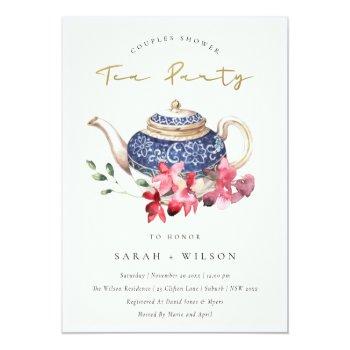 Teapot Red Floral Couples Shower Tea Party Invite Front View