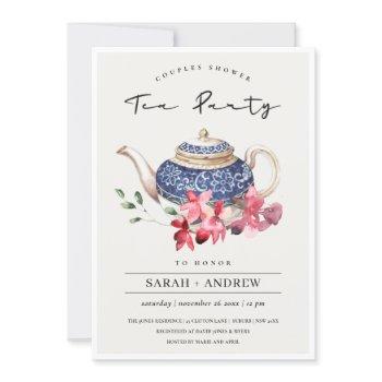 teapot red floral couples shower tea party invite