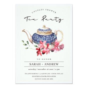 Teapot Red Floral Couples Shower Tea Party Invite Front View