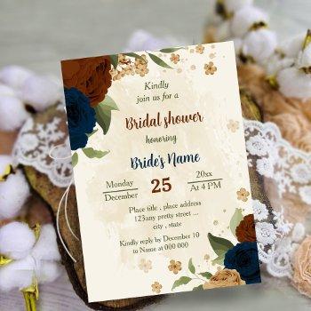 terracotta earth tone navy floral bridal shower invitation