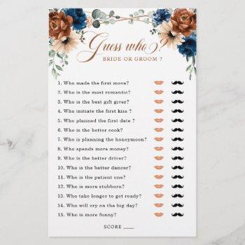 terracotta navy blue greenery bridal shower game