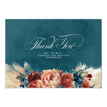 Terracotta Teal Floral Boho Wedding Thank You Front View