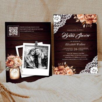 terracotta wood floral photo qr code bridal shower invitation