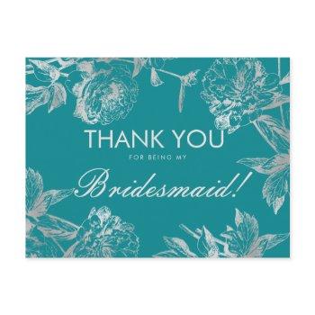 thank you bridesmaid silver teal simple floral postcard