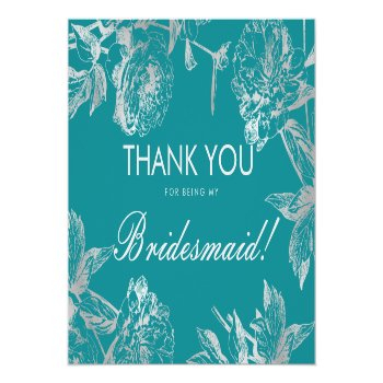 Thank You Bridesmaid Silver Teal Simple Floral Postcard Front View