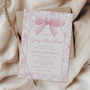 toile pink bow she's tying the knot bridal shower invitation