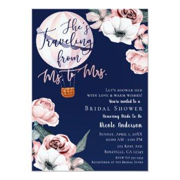 Traveling From Ms. To Mrs. Bridal Shower Pink Blue Invitation Front View