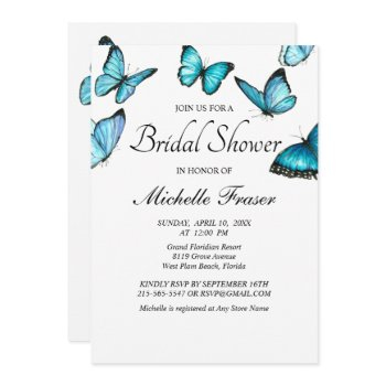 trendy blue watercolor butterflies bridal shower invitation