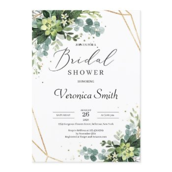 trendy greenery succulent gold frame bridal shower invitation
