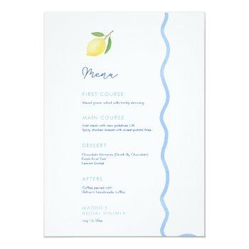 Trendy Light Blue Wavy Edge Lemons Wedding Shower Menu Front View