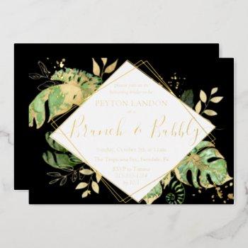 tropical brunch bubbly bridal shower black & gold foil invitation