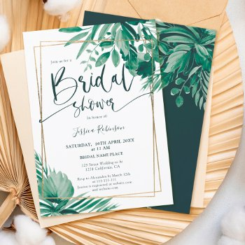 tropical greenery palm gold script bridal shower invitation
