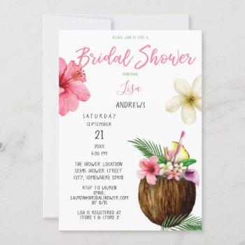 tropical hawaiian floral & coconut bridal shower invitation