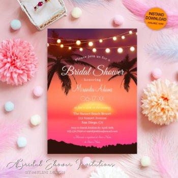 tropical sunset string lights beach bridal shower invitation