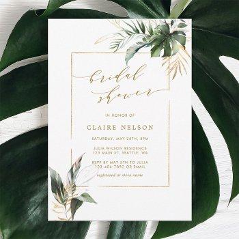 tropical watercolor leaves gold bridal shower invitation