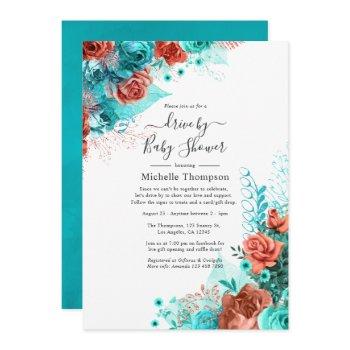 turquoise and coral floral drive by shower invitation