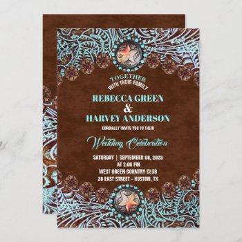 turquoise brown leather country western wedding invitation