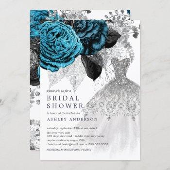 turquoise floral wedding dress bridal shower invitation