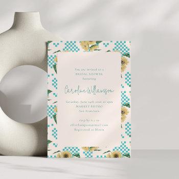 turquoise sunflower checkerboard bridal shower  invitation