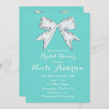 turquoise teal diamond bling bow bridal shower invitation