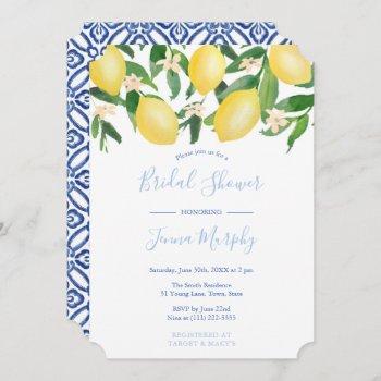 tuscany lemons antique pattern blue bridal shower invitation
