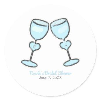 two heart wine glasses bridal shower engagement classic round sticker