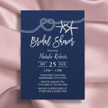 tying the knot beach starfish navy bridal shower invitation