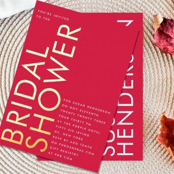 ultra red magenta modern custom gold bridal shower foil invitation