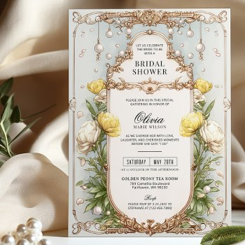 vibrant yellow floral vintage gold bridal shower invitation
