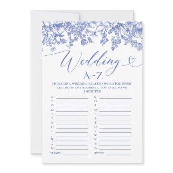 vintage blue floral wedding a-z bridal shower game invitation