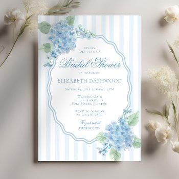 vintage blue hydrangea flower stripe bridal shower invitation