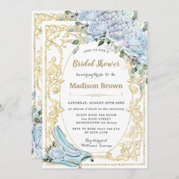 vintage blue roses gold princess bridal shower invitation