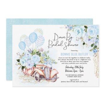 vintage car blue floral drive by bridal shower invitation