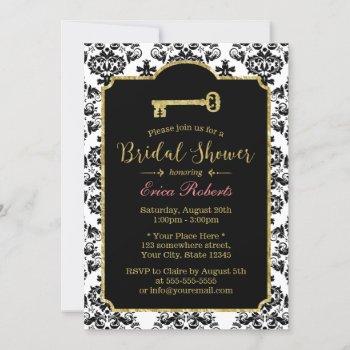 vintage damask gold skeleton key bridal shower invitation