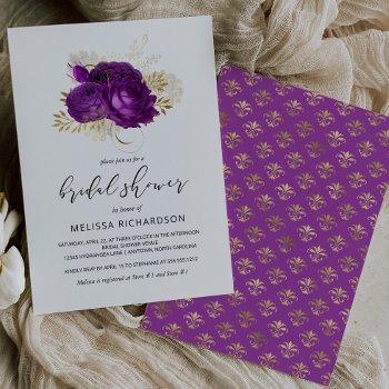 vintage floral purple gold damask bridal shower invitation