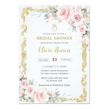 Vintage Gold Soft Blush Pink Floral Bridal Shower Invitation Front View